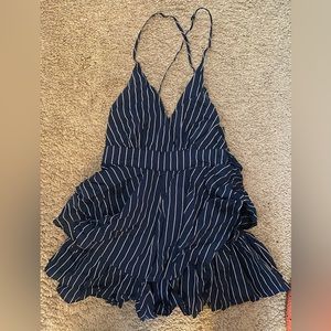 Blue and white striped ruffle romper size small